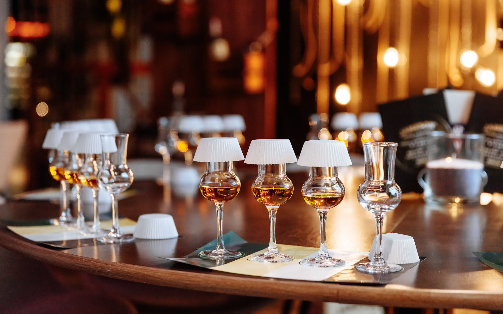 An elegant whisky tasting set arranged at a bar, the setting for judging Single Malt. Baroque Whisky Australian Single Malt.