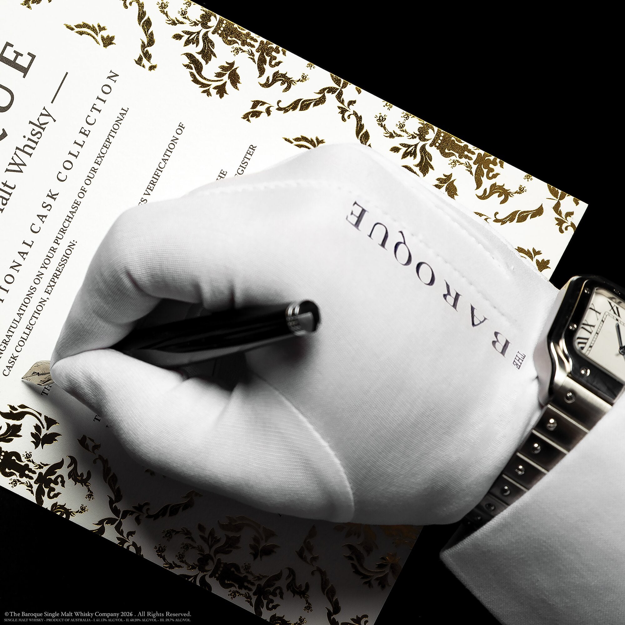 White gloved hand signing the Baroque MMXXV allocation certificate, Exceptional Cask Collection