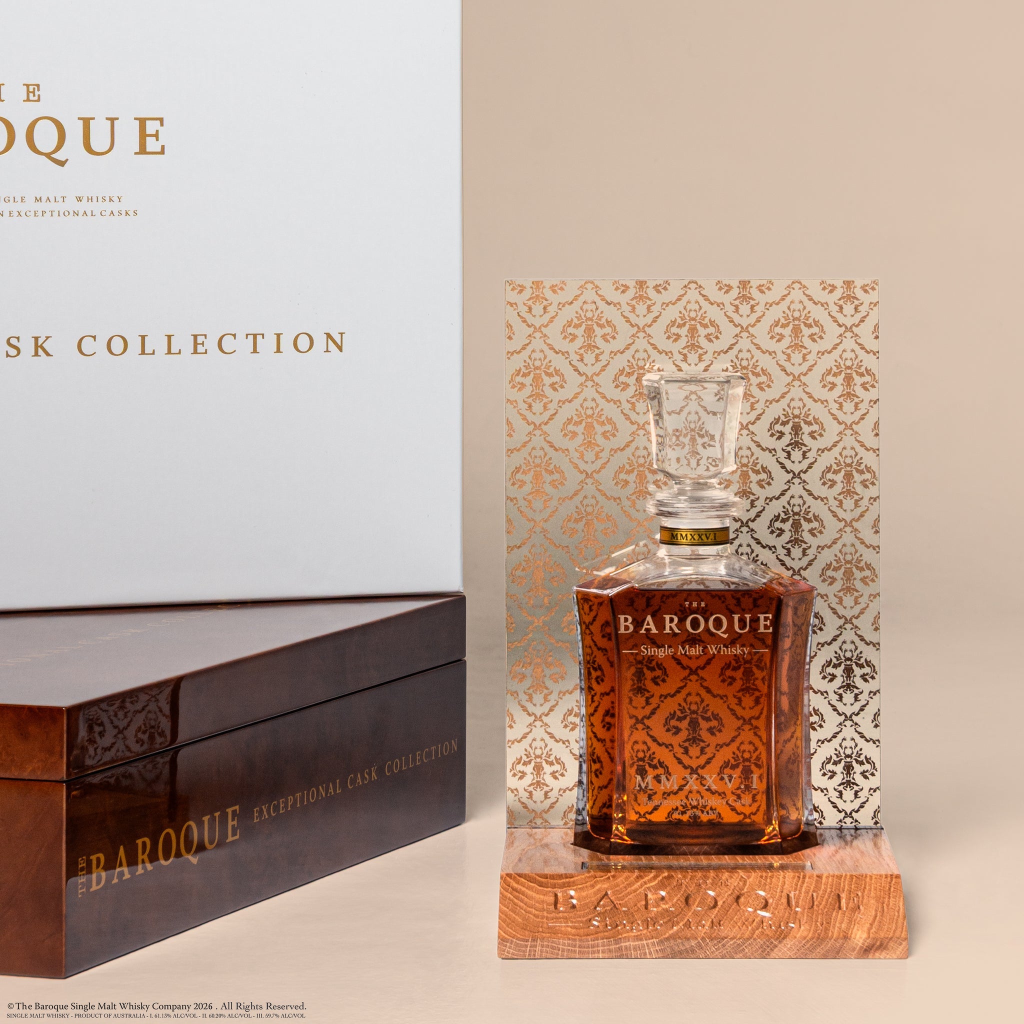 Baroque MMXXV Edition I presentation box and decanter with damask panel, Tennessee Whiskey Cask