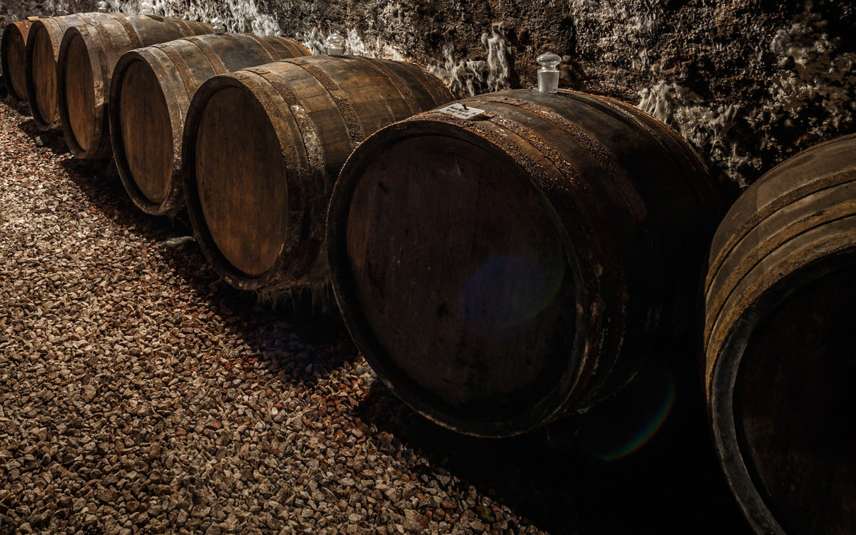 A row of oak maturation casks resting on a gravel warehouse floor, cask heads lit in low warm light.
