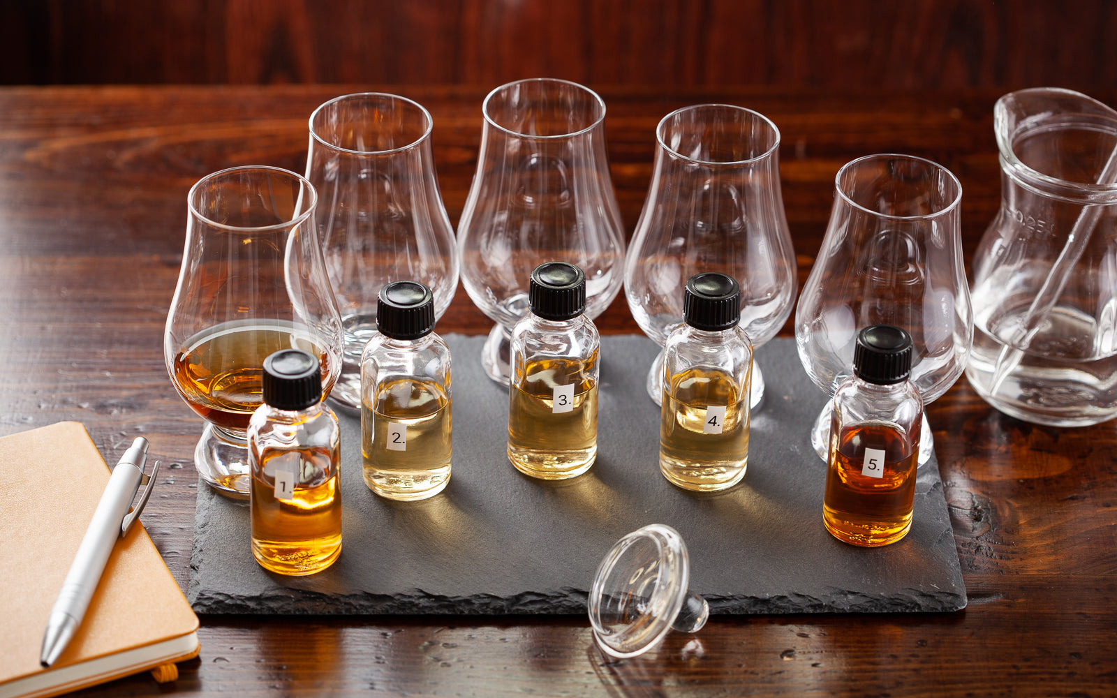 A flight of nosing glasses and numbered whisky samples set for comparative tasting, the practice of palate training. Baroque Whisky Australian Single Malt.