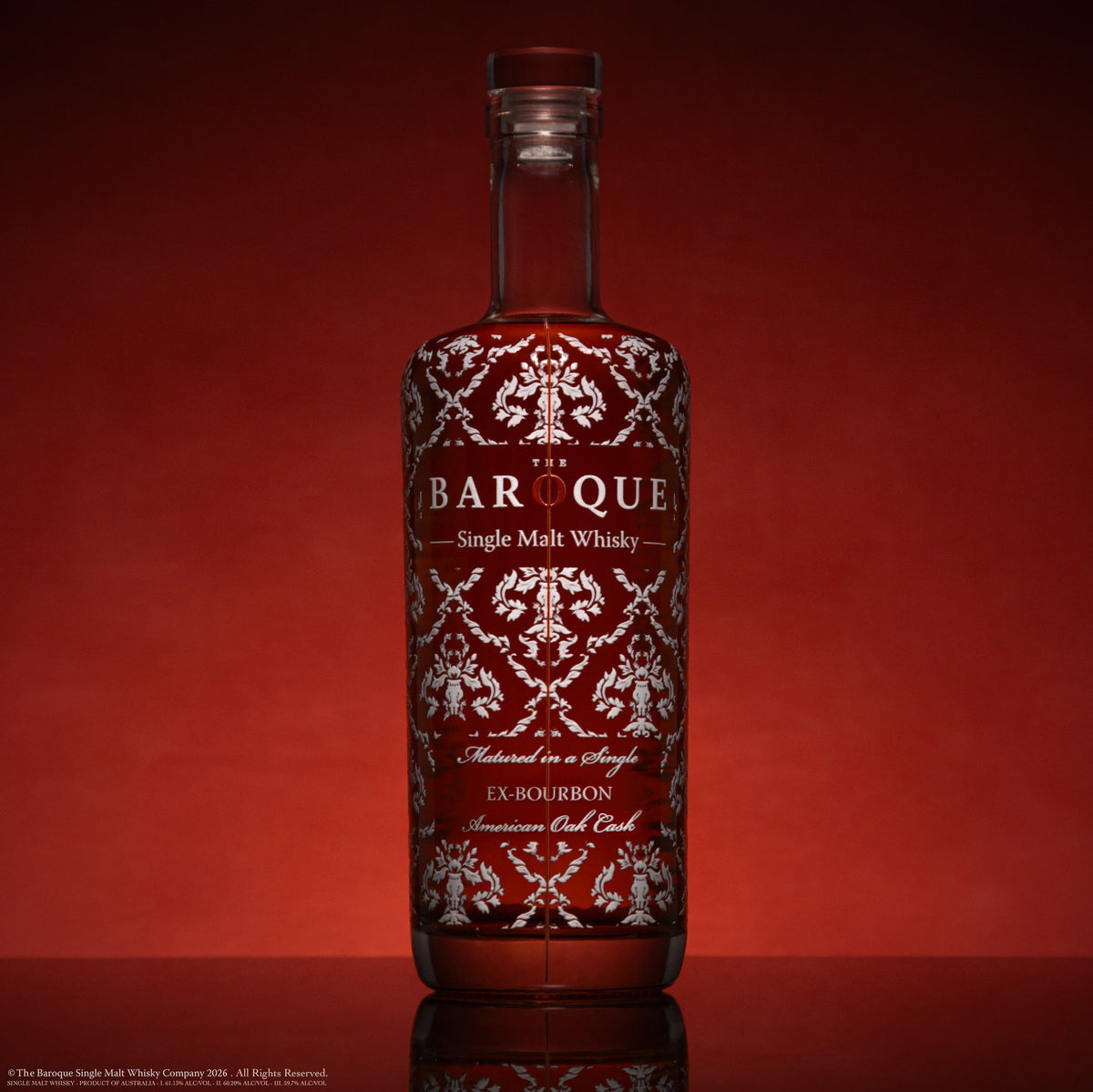 Baroque Single Ex-Bourbon American Oak Cask bottle on deep red, one of The Premium Pair