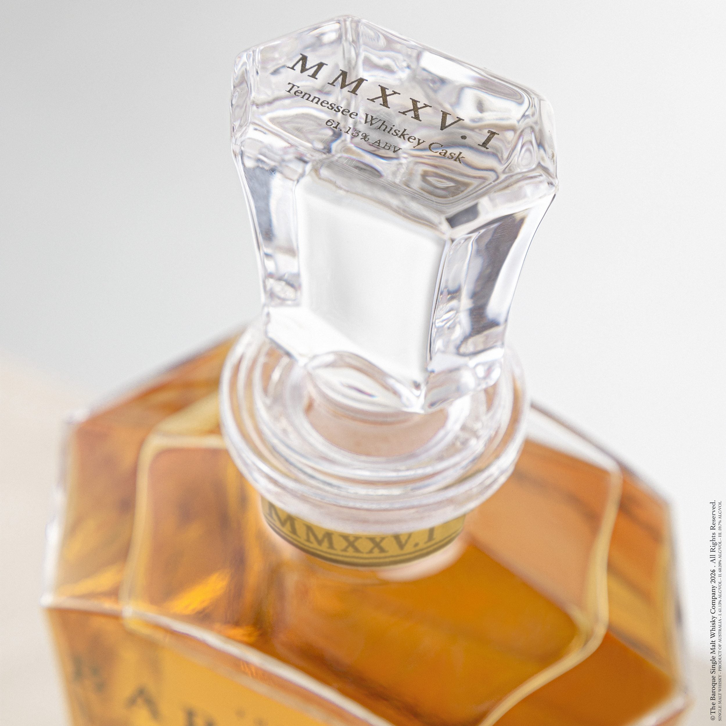 Engraved stopper of the Baroque MMXXV Edition I decanter, Tennessee Whiskey Cask Australian Single Malt