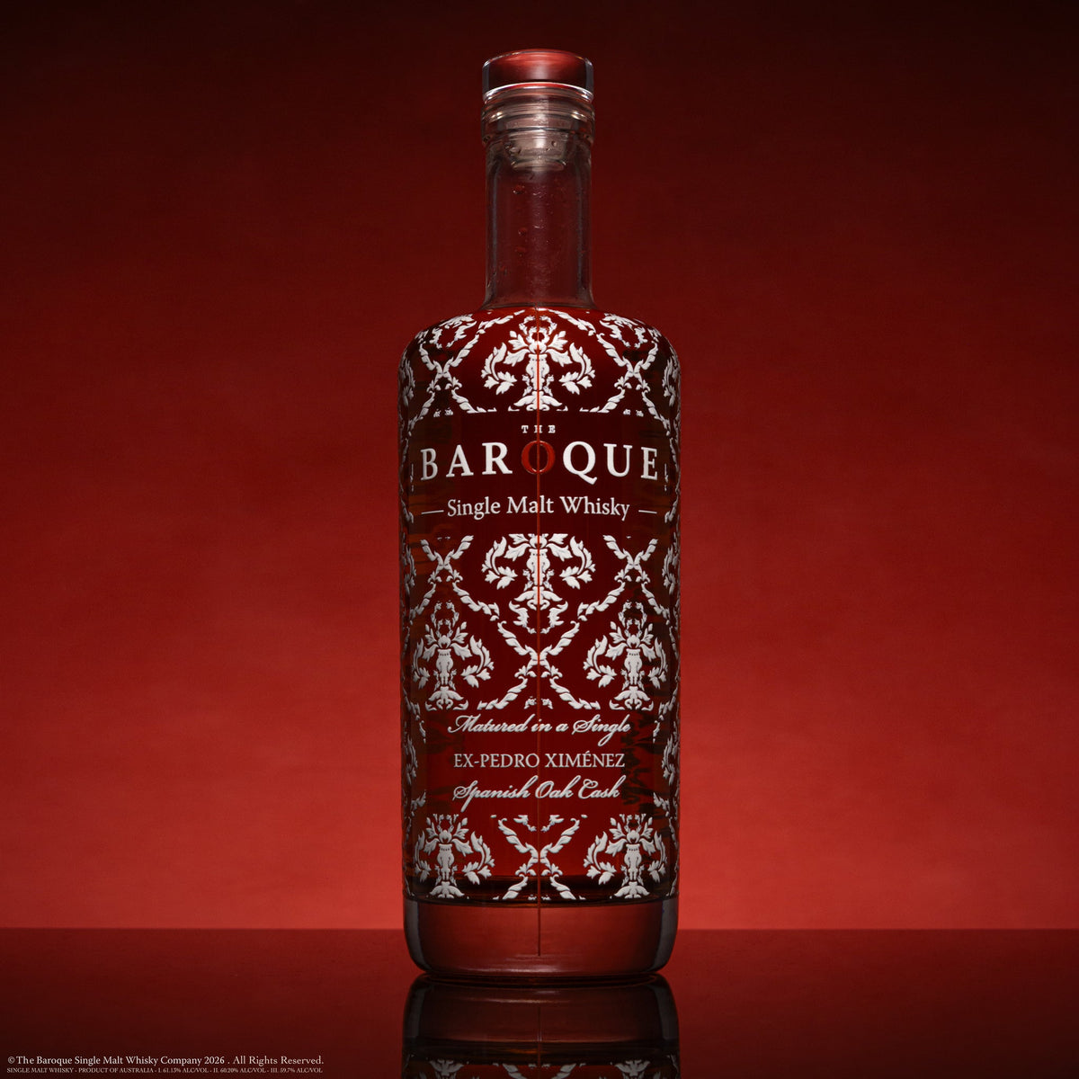 Baroque Single Ex-Pedro Ximénez Spanish Oak Cask, Australian Single Malt whisky bottle on deep red
