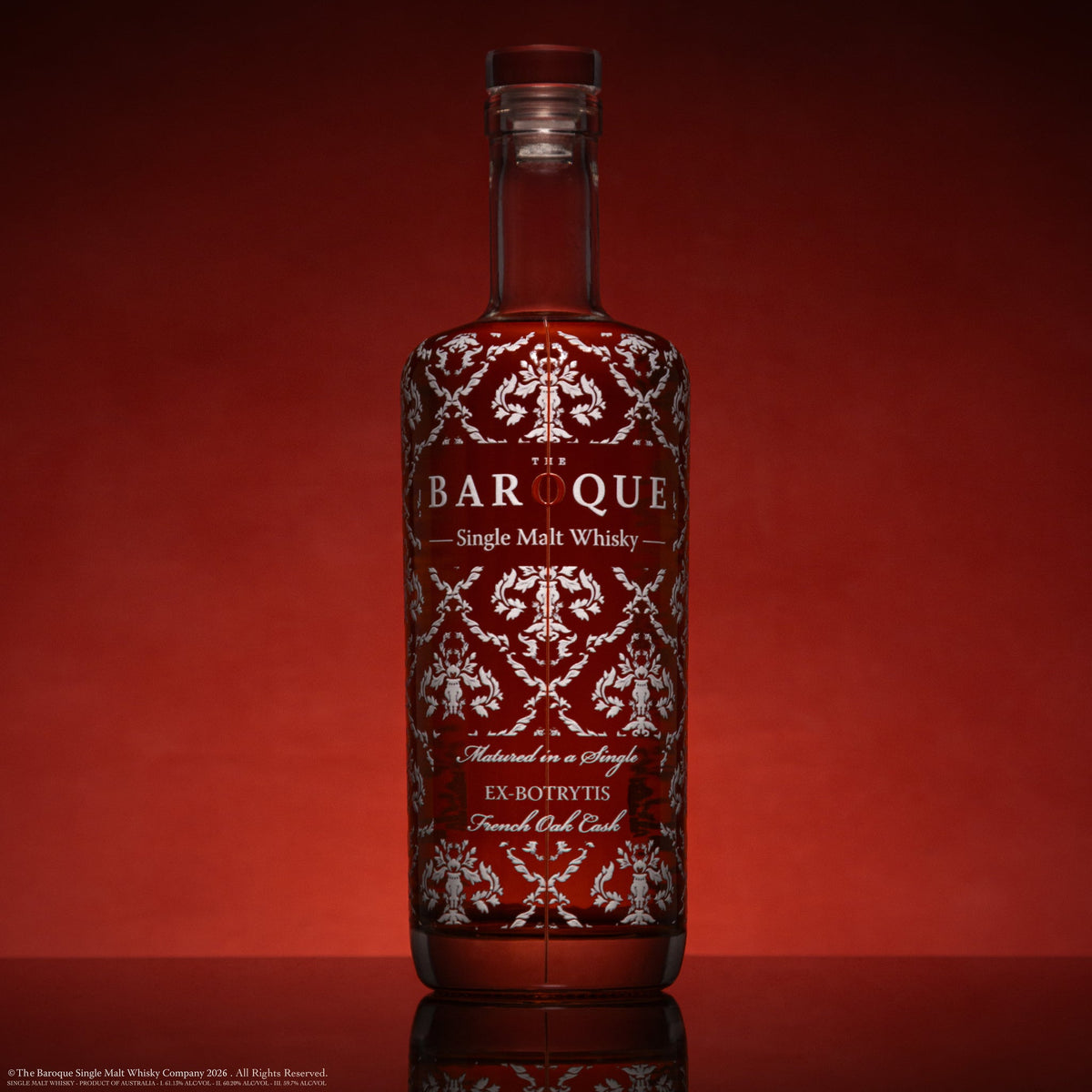 Baroque Single Ex-Botrytis French Oak Cask, Australian Single Malt whisky bottle on deep red