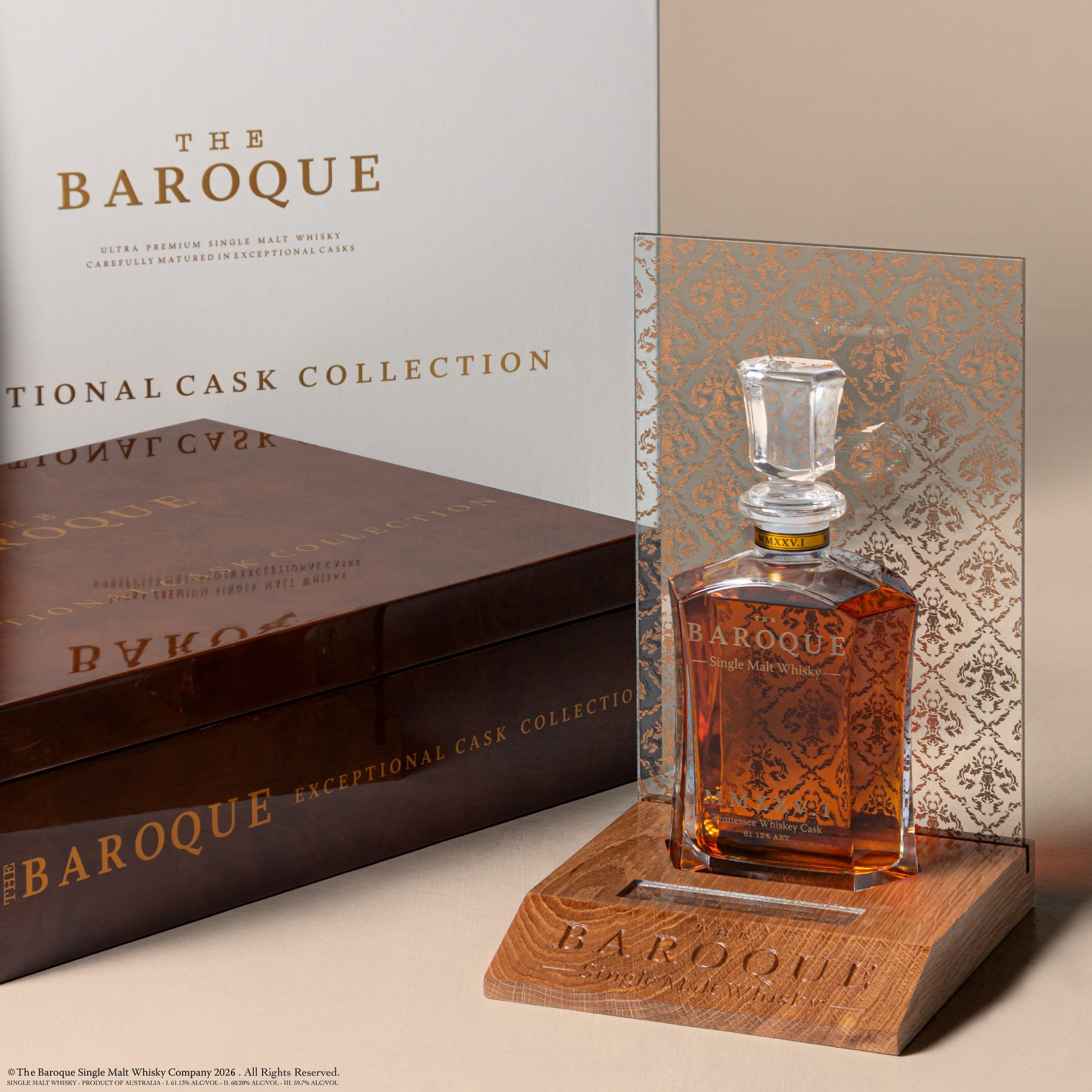Baroque MMXXV Edition I decanter on its engraved stand with presentation box, Tennessee Whiskey Cask