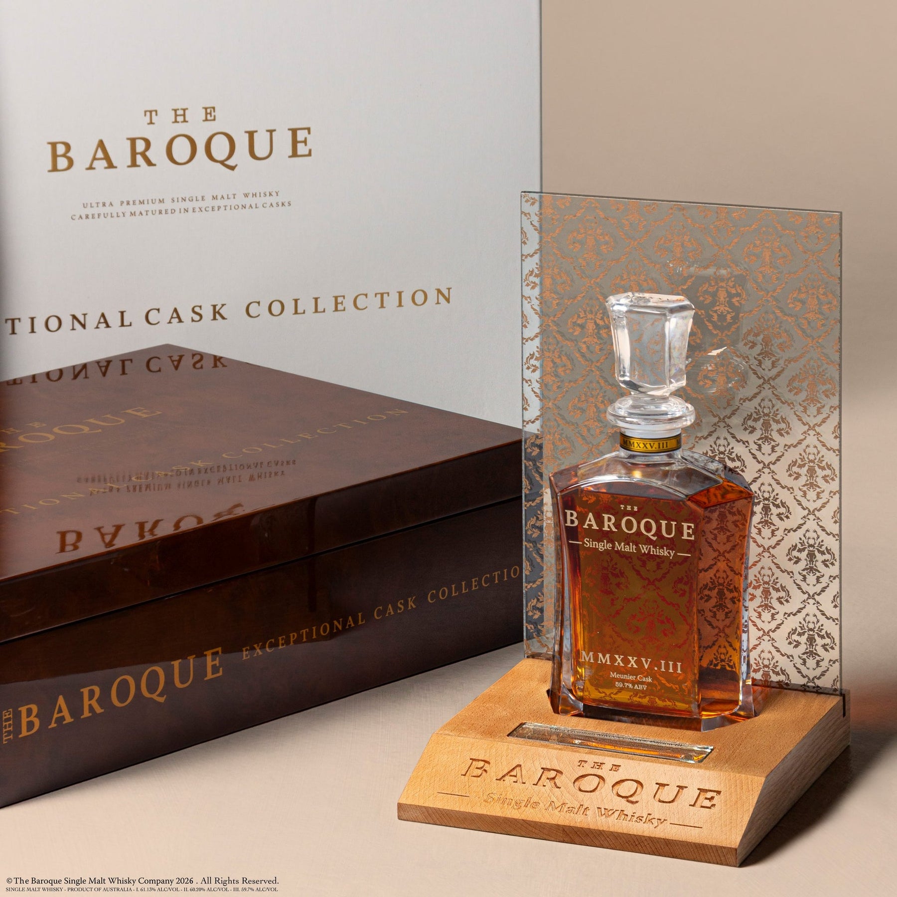 Baroque MMXXV Edition III decanter on its engraved stand with presentation box, Meunier Cask