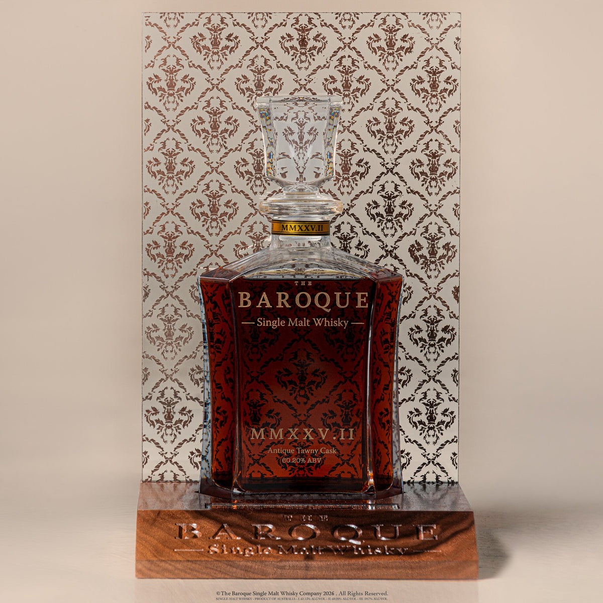 Baroque MMXXV Edition II decanter on its engraved stand, Antique Tawny Cask Australian Single Malt