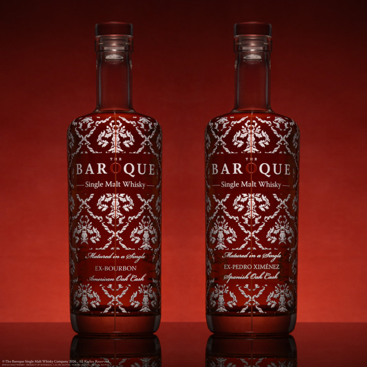 Baroque Premium Pair: Ex-Bourbon American Oak and Ex-Pedro Ximénez Spanish Oak single cask bottles side by side